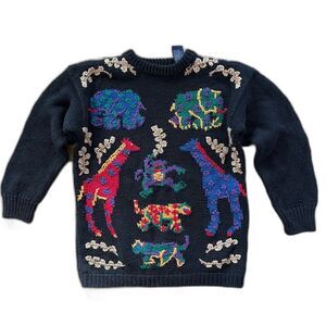 Vintage 90s Northern Isles Handed Knitted Sweater Jungle Animals Girls 6X / 7